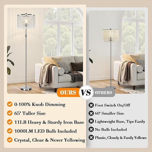 【Upgraded】 Dimmable Crystal Floor Lamps for Living Room, 1000LM LED Bulb Included, Standing Lamp with Knob Switch, Tall Silver Modern Floor Lamp for Bedroom Nursery Office Reading