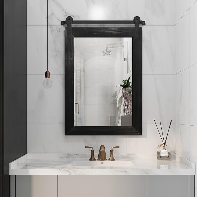 COGOOD Bathroom Mirrors for Over Sink - 21 x 30 Farmhouse Barn Door Wall Mirror for Bathroom, Living Room, Entryway Wall Decor, Black