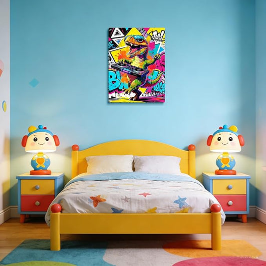 16x24 Inch Graffiti DJ Dinosaur Canvas Wall Art Prints, Colorful Music T-Rex with Turntable & Sunglasses Pop Decor, Vibrant Street Art for Teen Boy Game Room & Living Room, Funny Kids Bedroom Poster
