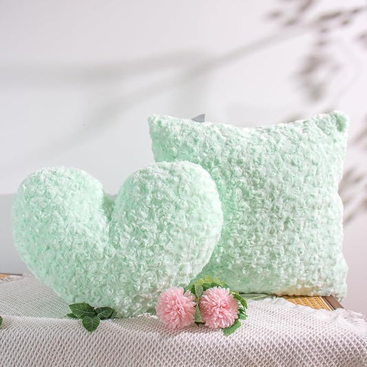 16" Minty Sage Heart Pillow, Luxury 600GSM Rose Textured Faux Rabbit Fur, Fresh Seafoam Green Aesthetic Throw Pillow for Bedroom, Soft Matte Pastel Green Heart Cushion
