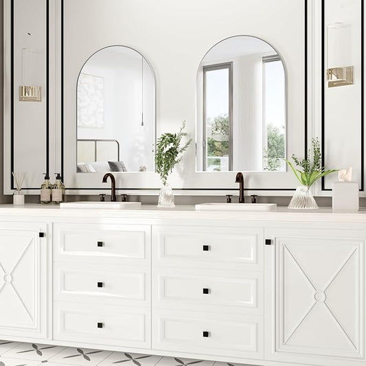 Wall Mounted Mirror, Arched Wall Mirror for Bathroom, 2 Pieces 24"x36" Arch Bathroom Mirror with Metal Frame, Silver Vanity Mirror Decor for Mantle, Bedroom, Entryway, Living Room