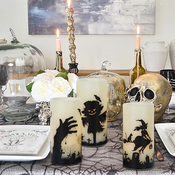 Halloween LED Flameless Pillar Candles Battery Operated Remote and Timer Real Wax Yellow Light Flickering Scarecrow Witch Ghost Hand Decals Halloween Candles Decoration Gifts(3 x 6 Inches)