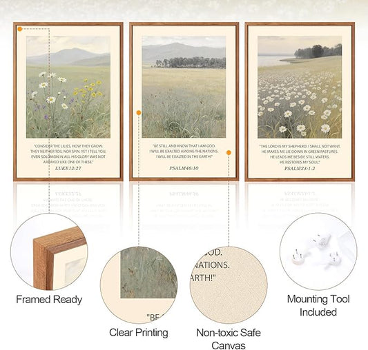 Aurlan Christian Bible Verses Scripture Framed Wall Art(16"x24"), 3PCS Boho Wildflowers Landscape Nature Canvas Artwork, Religious Luke12:27 Psalm46:10 Psalm23:1-2 Jesus Faith Gift Decor for Home Office Bedroom