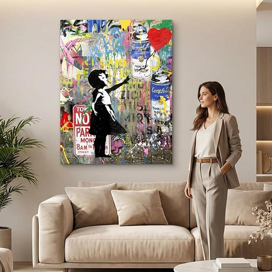 Yatsen Bridge Banksy Wall Art Canvas, Girl and Balloon Picture, Graffiti Poster and Print Modern Pop Street Graffiti Home Decorations Ready to Hang - 28x44 inch