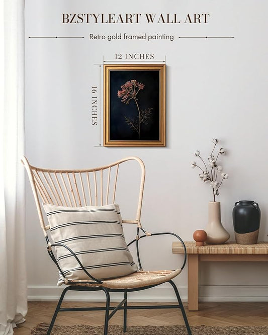 Bzstyleart Vintage Wall Art Decor for Living Room, Gold Framed Canvas Wall Art Home Decor Aesthetic Wild Carrot Flower Vintage Botanical Flower Prints, Canvas Picture Print Artwork, 12 x 16 Inch