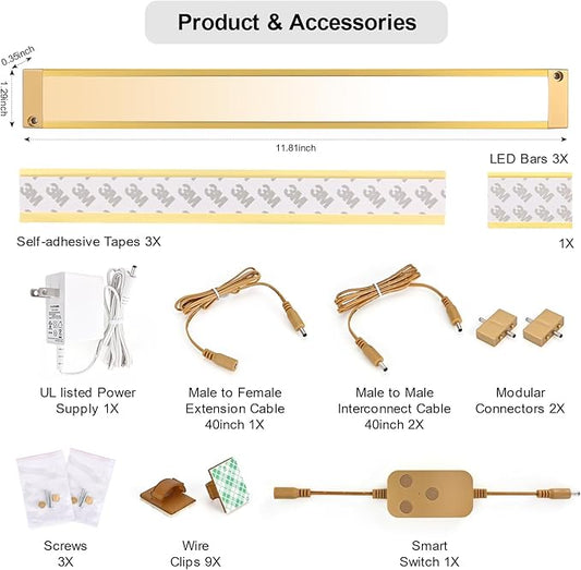 3pack 12inch Dimmable LED Under Cabinet Light Kit, 2700K to 6000K Smart LED Under Counter Lighting Fixture, Compatible with Alexa, Google Assistant, for Kitchen, Pantry, Shelf (Gold)