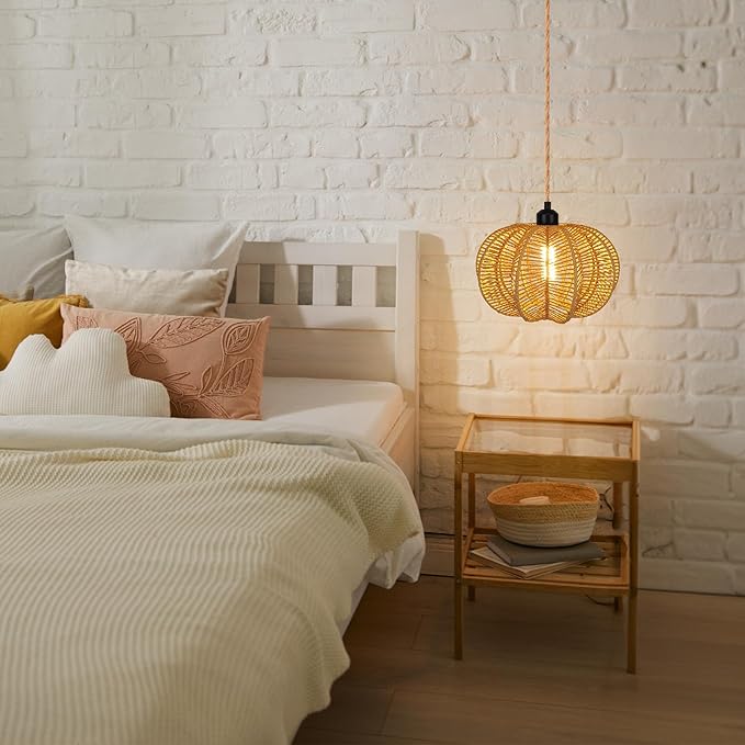 Plug in Pendant Light Rattan Hanging Lights with Plug in Cord 15FT Hemp Rope Cord, Dimmable Switch – Indoor Hanging Lamps for Boho Living Room Bedroom(Bulb Included) 11 x 7 inch