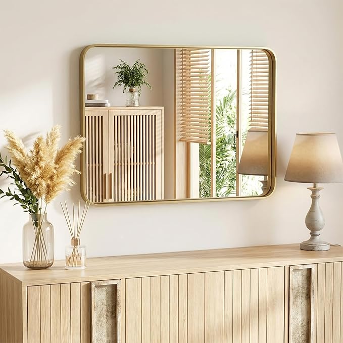NEWBULIG 32X40 Inch Bathroom Mirror for Over Sink, Wall Vanity Mirrors Tempered Glass, Anti-Rust Metal Framed Rounded Rectangle, Hangs Horizontally or Vertically, Farmhouse Home Decor, Gold