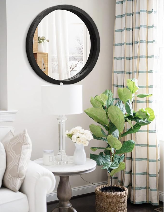 JJUUYOU Round Wall Mirror Circular Wall Mounted Mirror for Bathroom Large Circle Black Mirror for Decor Wooden Make up Mirror for Farmhouse Living Room Bedroom 20Inch