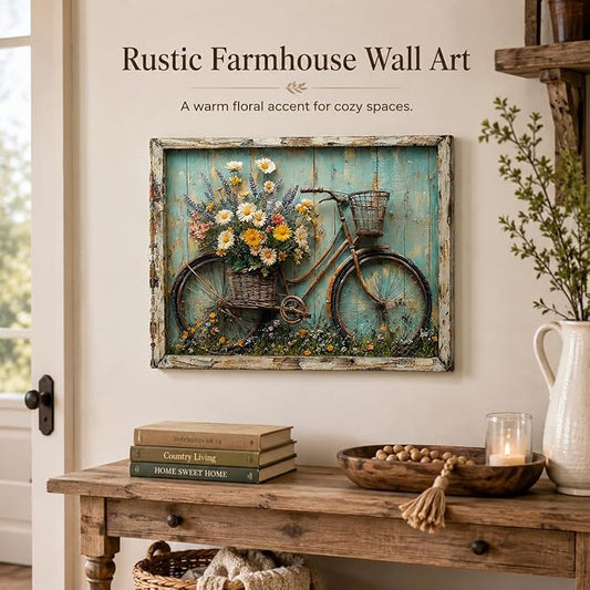 Rustic Farmhouse Daisy Floral Canvas Wall art Vintage Bicycle Flowers Painting Picture Wall Decor Flower Still Life Poster Print Artwork for Bathroom Living Room Bedroom Home Decoration