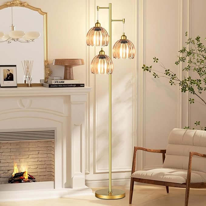 AHDWDW Gold Floor Lamp for Living Room Bedroom,3 Lights Mid Century Modern Floor Lamps with Flower Glass Shades,68IN Tall Standing Lamp with Bulbs,Vintage Tree Floor Lamp for Corner Office Reading
