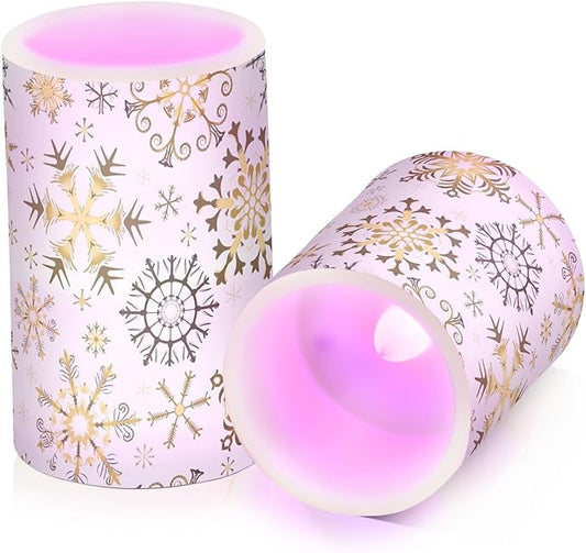 Christmas Lights Decorations Flameless Candles Golden Snowflake White Pillar Candles Set of 2 Battery Operated Remote Control Warm Lights