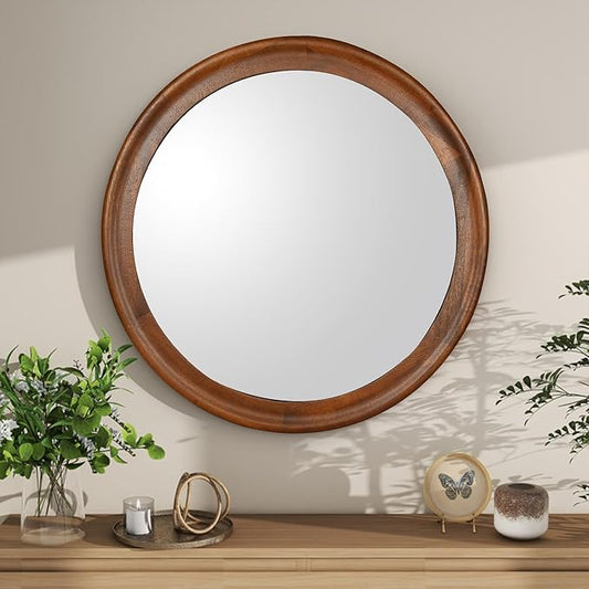 CULER Round Wall Mirrors 24 Inch,Wood Rustic Decorative Transitional Mirror with Walnut Frame for Wall,Farmhouse Hanging Vanity Mirror for Bathroom Bedroom Living Room or Entryway(Walnut Brown)
