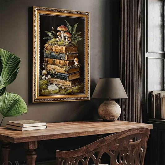 WZGZXU Vintage Gold Framed Wall Art Botanical Wall Decor Dark Academia Canvas Art Cottagecore Stack Books Pictures Gothic Prints Moody Paintings For Bedroom Study Room Library 16x24in