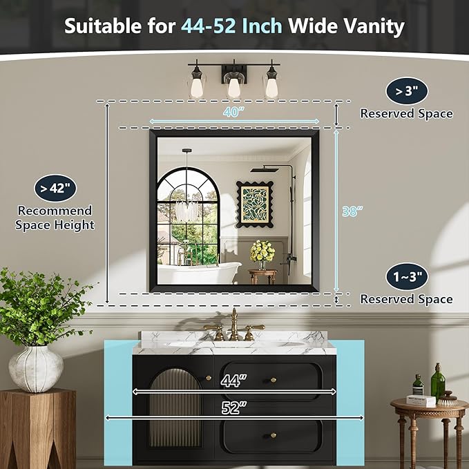 40x38 Inch Black Bathroom Mirror for Wall, Beveled Framed Rectangle Bathroom Vanity Mirrors for Over Sink, Bedroom, Living Room, Entryway, Anti-Rust, HD Tempered Glass, Horizontally/Vertically