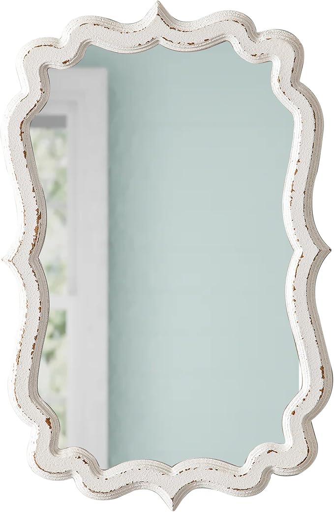 Vintage Scalloped White Mirrors for Wall Decor Living Room 13 X 20 Inches, Distressed Finish Carved Wooden Framed Hanging Makeup Mirror, Bathroom Vanity Mirrors, Horizontal or Vertical
