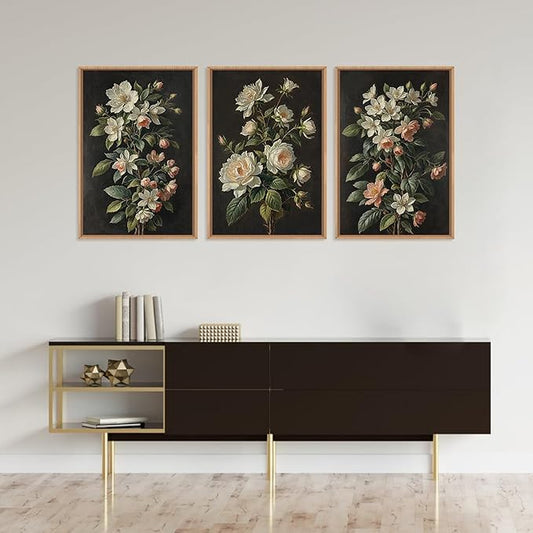 Large Dark Moody Flowers Framed Canvas Print Wall Art Set,Vintage Antique Black Botanical Wall Decor,Retro Modern Elegant Peony Floral Artwork for Living Room,Office,Bedroom-16 x24 x3