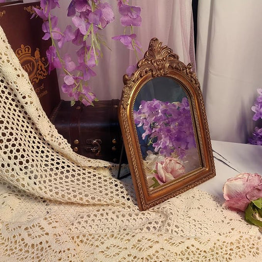 Bronze Vintage Vanity Desk Makeup Mirror Antique Decorative Wall Mirror,Resin Carved Arched Mirror for Living Room,Bedroom Dresser,Home Decor (Medium)