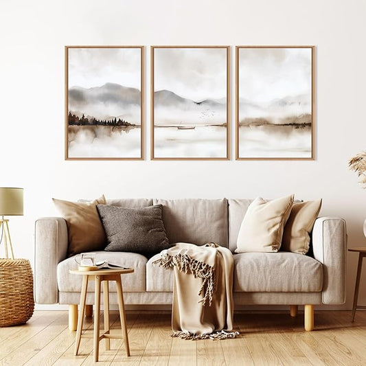 Neutral Abstract Mountain Framed Canvas Print Wall Art Set,Watercolor Beige and Gray Calming Landscape Wall Decor,Modern Minimalist Nature Artwork for Living Room,Bedroom-24 x36 x3