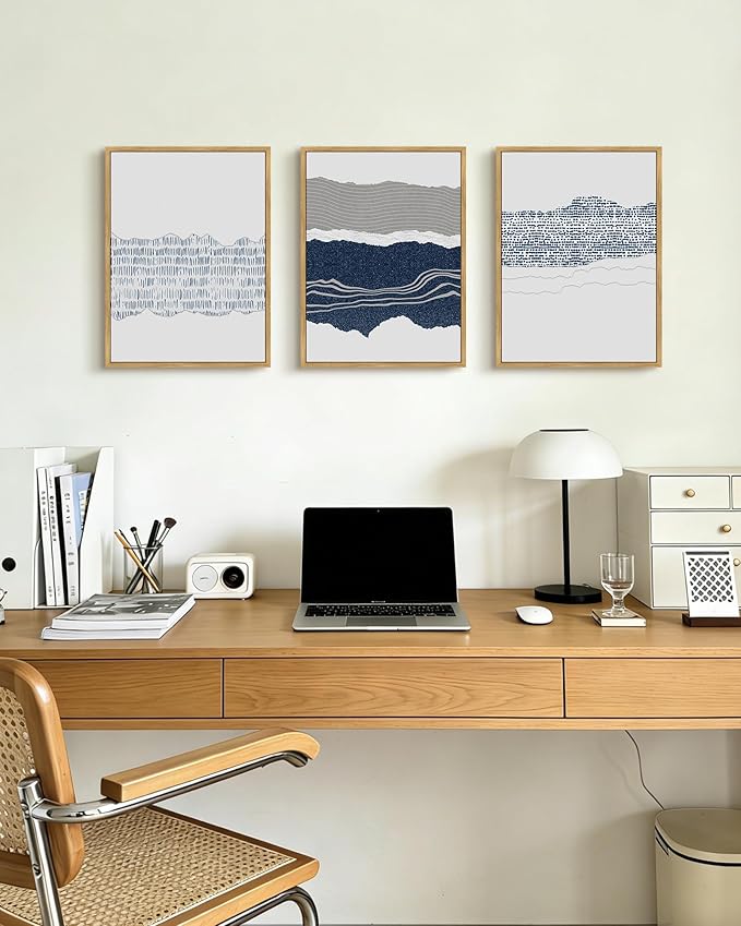 PHOPAGO Navy Blue Abstract Framed Wall Art Mid Century Minimalist Boho Wall Decor Modern Neutral Farmhouse Rustic Art Bedroom Living Decor - 11x14in Natural Framed