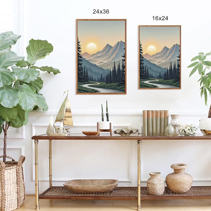 HLNIUC Boho Mountain Sun Forest Framed Canvas Wall Art,Large Nature Sunrise Wall Decor,Yosemite Scene Pine Tree Artwork Set of 3 (24x36),Watercolor Landscape Prints for Living Room,Bedroom,Office