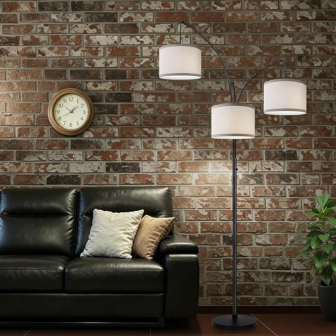 Dimmable Floor Lamp, 3 Lights Black Arc Floor Lamp, Modern Tall Standing Tree Lamp with Grey Linen Shades & Heavy Base, 3000LM LED Bulbs, Bright Lighting for Living Room, Bedroom, Office & Reading
