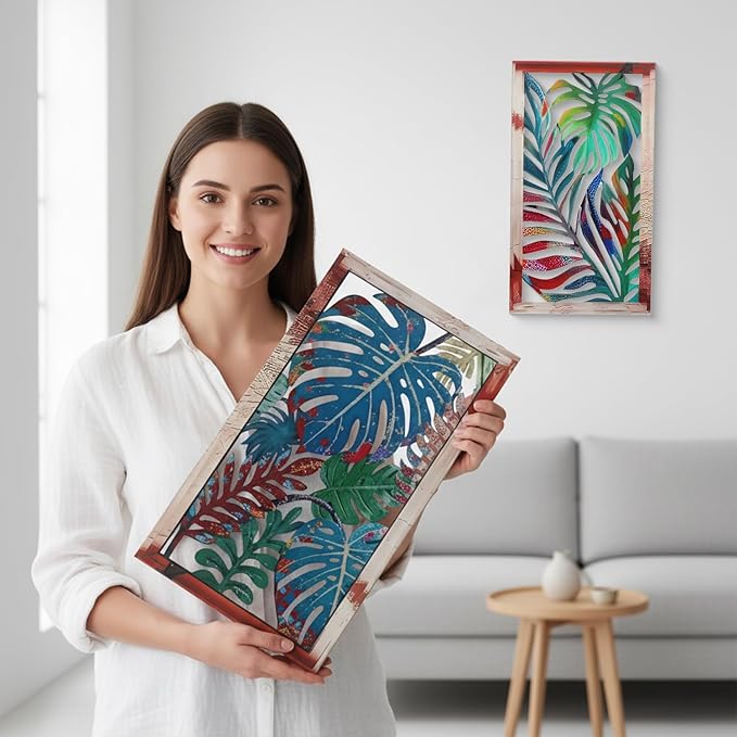 2 Pack Metal Leaf Boho Wall Decor, 3D Leaf Tropical Wall Decor, Metal Palm Leaves Tropical Wall Art, Modern Wall Art, Boho Room Decoration for Living Room, Bedroom and Bathroom, Housewarming Gift