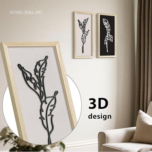 VIYYIEA Wooden 3d Floral Bathroom Wall Decor, Ready-to-Hang Framed Wall Art For Living Room, Bedroom and Office, Boho Botanical Farmhouse Decoration, Lightweight but Valuable Gift (7x16 In, set of 2)
