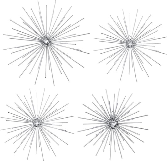 Shimeyao 4 Pcs Metal Starburst Wall Decor Silver Metal Wall Art 3D Spike Bling Finish Star Burst Hangings Accents Sculptures Set Modern Mid Century Decorations for Living Room Bedroom Entryway
