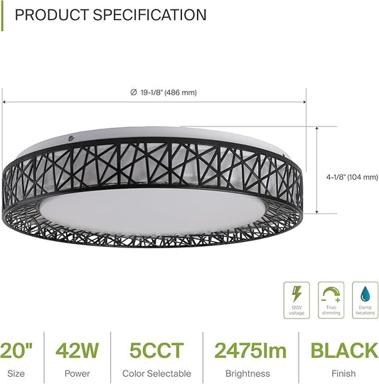 ASD 20 Inch LED Flush Mount Ceiling Light Fixture for Bedroom, 42W 2475LM 5CCT 2700K-5000K, Triac Dimmable Lights, Dining, Living Room, Kitchen Lamps, Modern Home Lighting Fixtures, Black, ETL, 2 Pack