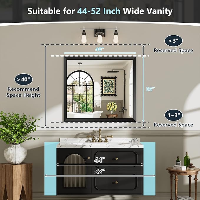40x36 Inch Black Bathroom Mirror for Wall, Beveled Framed Rectangle Bathroom Vanity Mirrors for Over Sink, Bedroom, Living Room, Entryway, Anti-Rust, HD Tempered Glass, Horizontally/Vertically