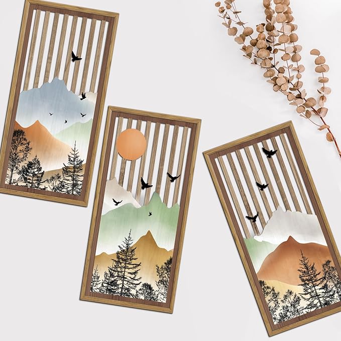 KAIRNE Mountain Landscape Wooden Wall Decor Set or 3(16”X8”) Framed,Boho Orange Wood Hanging Decor,Nature Bohemian Wall Art,Vintage Farmhouse Wooden Sign for Bedroom Living Room Office Decoration