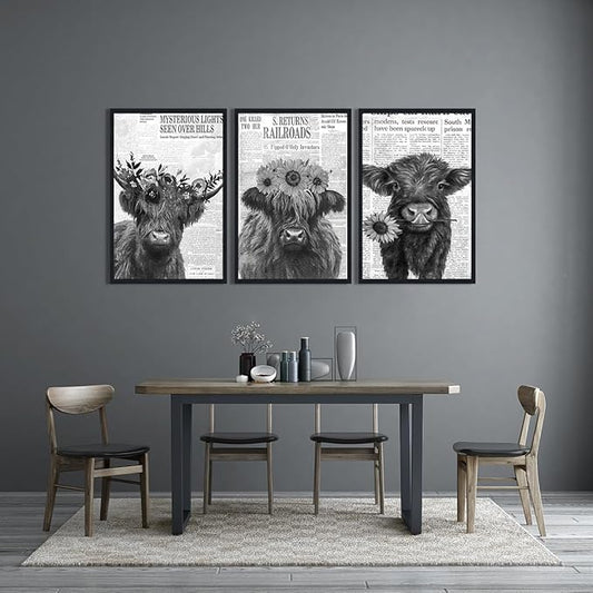 Vintage Scottish Cow Canvas Wall Art Retro Newspaper & Floral Highland Cow Poster Wall Decor Funny Farm Animal Cows Artwork for Apartment Bedroom Country Decoration 24x36inchx3pcs,Framed