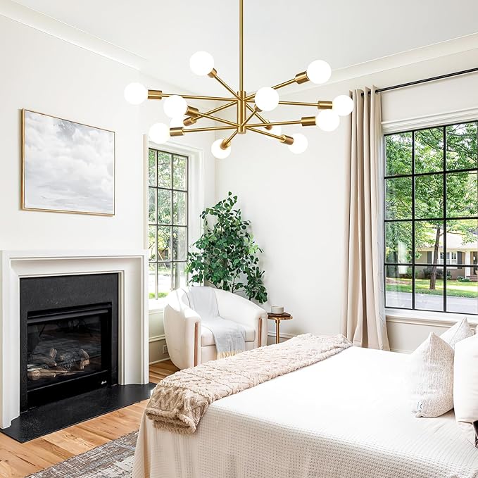 10.9"-52.3" Height Adjustable Modern Chandelier Ceiling Light Fixture, 12-Light Sputnik Chandeliers Brushed Gold Mid Century Chandelier Over Table, Chandeliers for Dining Room (Bulbs Not Included)