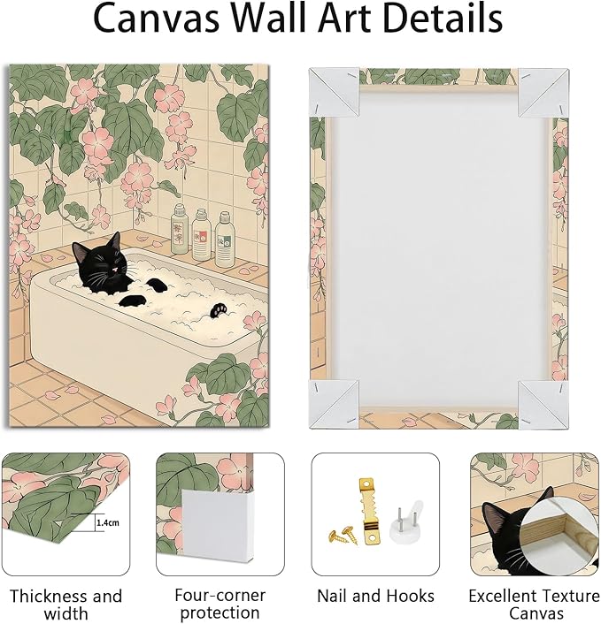WENGTIAO Japanese Bathroom Wall Art Set of 3 Funny Black Cat Wall Paintings Cute Japan Cat Prints Pictures Animal on Toilet Photo Home Decor for Bathroom Restroom Laundry Room 12”x16”x3