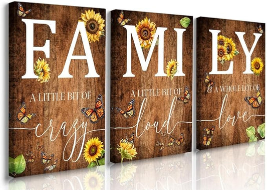GUBIYU Farmhouse Family Wall Art Set of 3, Rustic Family Wall Decor for Living Room & Dining Room, Retro Brown Wood Wall Art with Butterfly & Sunflower Design, 16"x24"