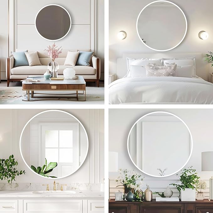 Round White Mirror, 30 Inch Circle White Mirror, Metal Frame Round Wall Mounted Mirrors for Bathroom, Living Room, Bedroom, Entryway, Vanity