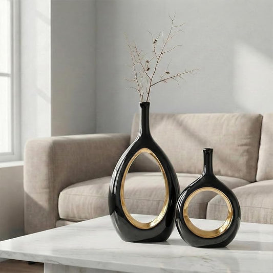 Black and Gold Vase Ceramic Black Vases Home Decor,Modern Minimalist Circle with Hole Decorative Vase, Hollow Ellipse Flower vases for Bookshelf, Fireplace Mantle, Centerpieces,Farmhouse,Rustic Décor