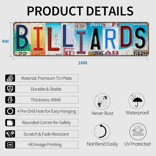 Billiard Room Sign Billiard Rules Wall Art Pool Table Decor Metal Sign Wall Decor License Plate Design Game Room Sign for Pub Bar Billiard Room 16" X 4"