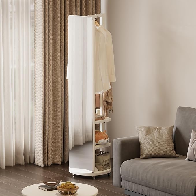 WoodsWhisper Full Length Mirror Coat Rack Solid Wood Floor Mirror 66"x12" Full Length Mirror with Stand Long Mirrors for Bedroom,Living Room (White-Mobile, 66" Lx12 W)