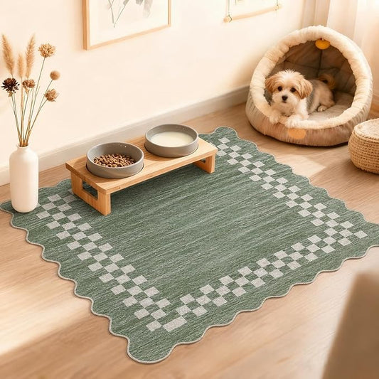 Small Area Rug 2x3 Modern Checkered Entry Rug Solid Color Scalloped Kitchen Rugs Washable Bedroom Doormat Non Slip Stain Resistant Bordered Throw Carpet for Living Room Nursery Laundry, Green