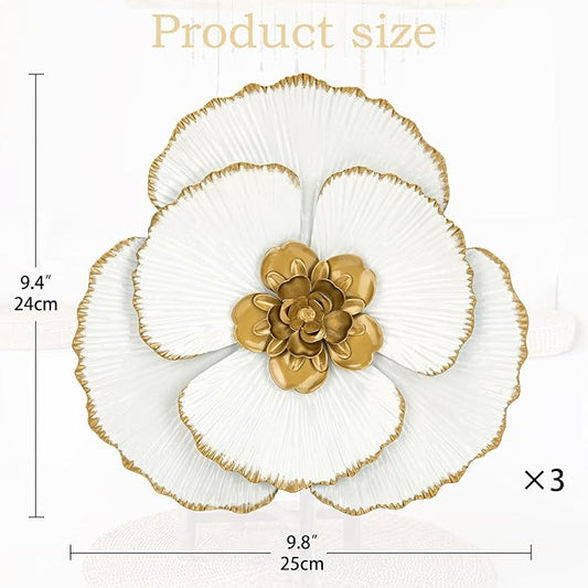 DILATATA 3 Pcs Metal Flower Wall Art Set 10 Inch Rustic Modern Floral Sculpture 3D Metal Flower Wall Hanging Accent for Indoor Living Room Bedroom Kitchen Bathroom Garden Patio Decor - White