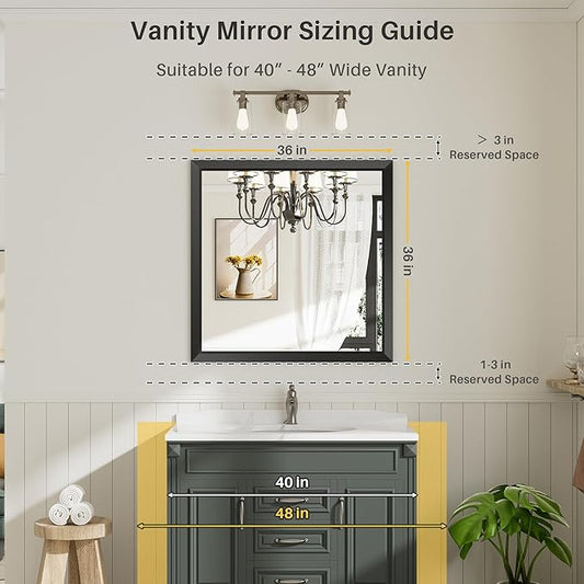 Briivue 36x36 Inch Black Bathroom Mirror for Wall, Thick Metal Framed Rectangle Mirrors for Over Sink, Bedroom, Living Room, Entryway, Anti-Rust, HD Tempered Glass