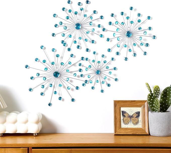 Funnymoom 4 Pcs Blue Starburst Wall Decor Metal Bling Wall Art Blue Crystal Sparkling Rhinestones Bling Decorative Hanging Diamond for Living Room Bedroom Home Office