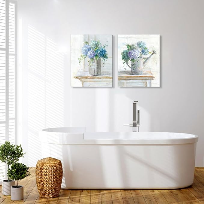 Blue Hydrangea Bathroom Wall Art 2 pcs Farmhouse Rustic Flower Art Botanical Floral Posters Paintings Framed Artwork for Dining Room kitchen Bedroom Living Room 12"x16"