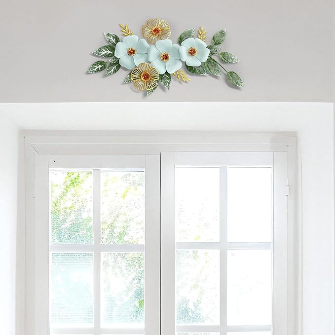 Otoolling 13.7'' Metal Flower Wall Decor, 3D Light Blue & Gold Floral Sculpture with Green Leaves, Hanging Wall Art Accent for Living Room, Bedroom, Bathroom, Home Indoor Outdoor Decoration