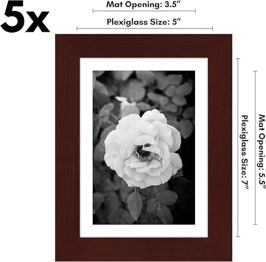 Americanflat 5x7 Picture Frame with Polished Plexiglass - Set of 5 - Use as 4x6 Frame with Mat or Display 5x7 Photo Without Mat - Galleria Collection - Picture Frames for Tabletop and Wall - Mahogany