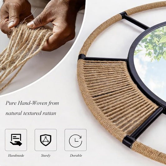 Round Wall Mirror for Wall Decor, 30.5'' Boho Mirror for Dining Room with Detachable Rattan and Black Metal Frame, Round Mirror for Living Room Bathroom Beach Decor