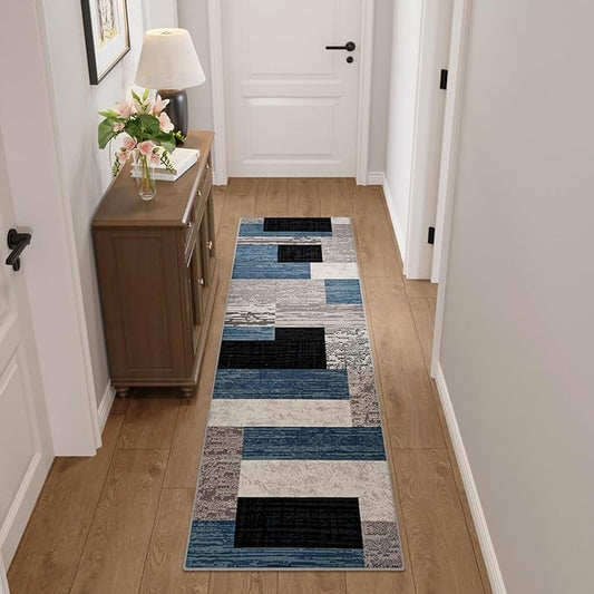 FlyDOIT Modern Geometric Patchwork Area Rug, 2x6 Blue Runner Rugs for Living Room, Rockwood Collection Indoor Rugs for Bedroom, Throw Carpet Floor Decor for Entryway Dining Room Office Nursery