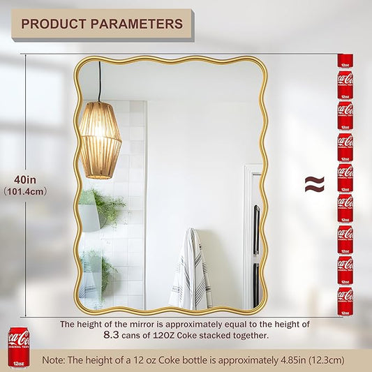 PROHOMEWARE 28 * 40" Gold Bathroom Mirror for Wall,Wavy Rectangular Mirror,Vanity Mirror,Bathroom Mirrors for Wall,Wall-Mounted Metal Frame Mirror for Bedroom Entryway Living Room Farmhouse (Gold)